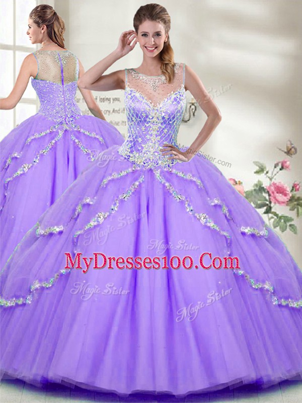 Fashion Lavender Ball Gowns Tulle Scoop Sleeveless Beading Floor Length Zipper Quinceanera Gowns