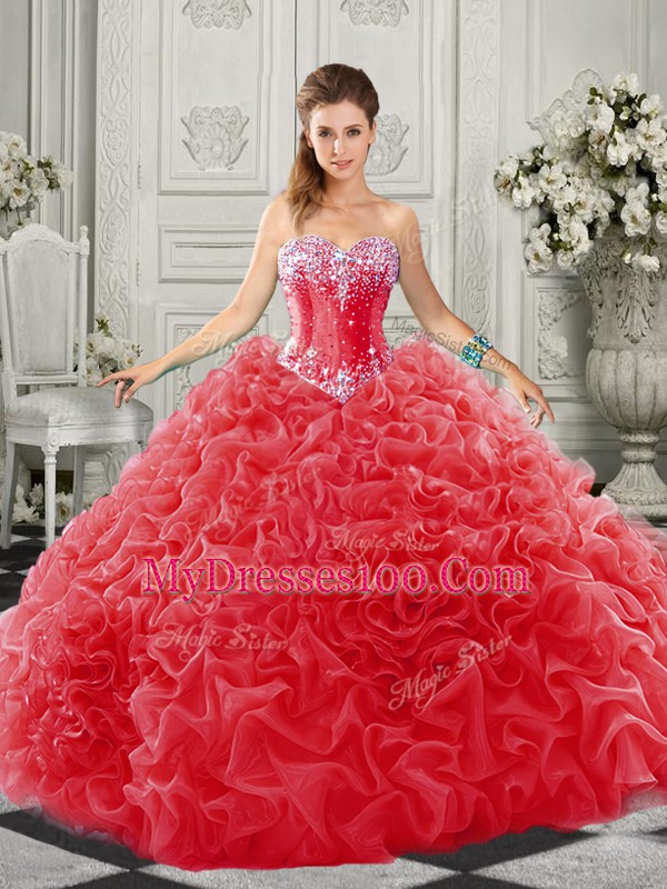 Deluxe Ball Gowns Sleeveless Red Quince Ball Gowns Court Train Lace Up