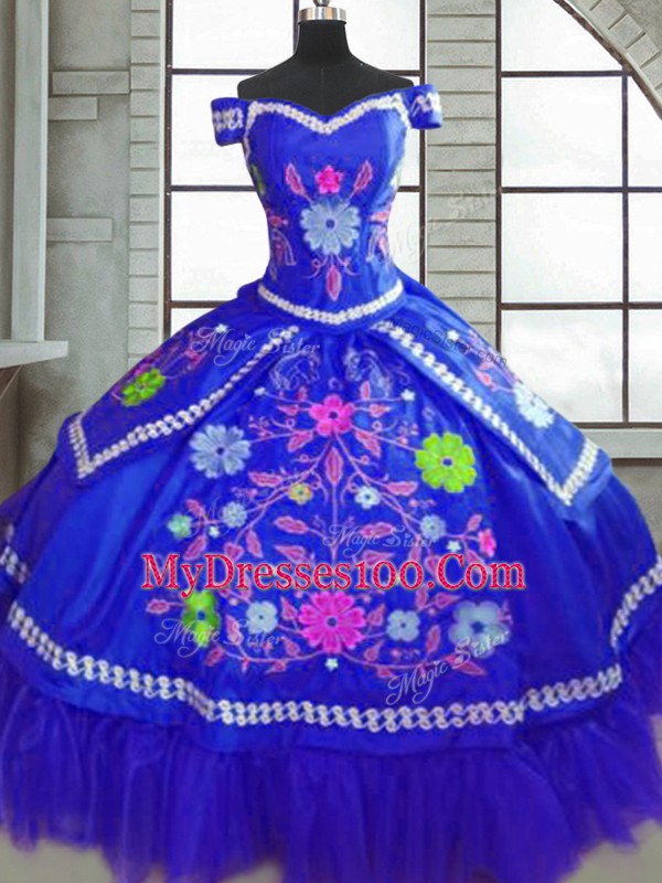New Style Floor Length Blue Quinceanera Dresses Taffeta Short Sleeves Beading and Embroidery