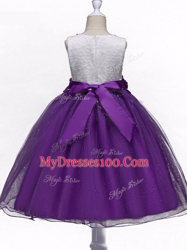 Hot Pink Ball Gowns Tulle Scoop Sleeveless Lace and Hand Made Flower Knee Length Zipper Kids Pageant Dress