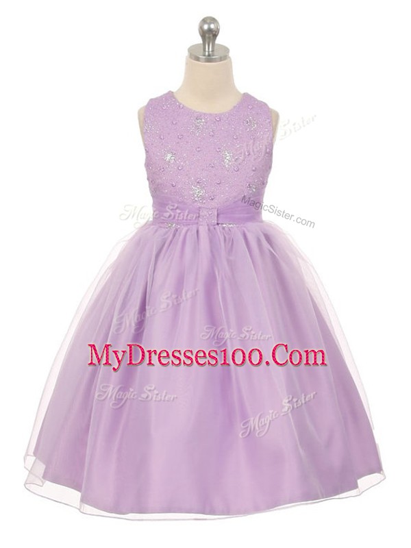 Lavender Child Pageant Dress Wedding Party with Beading Scoop Sleeveless Lace Up