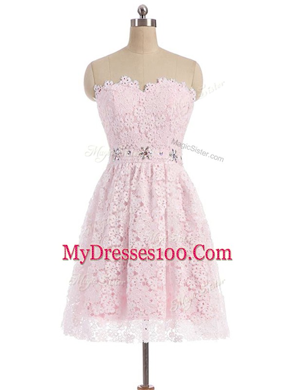 Fitting Pink Lace Zipper Sweetheart Sleeveless Mini Length Prom Evening Gown Beading and Lace