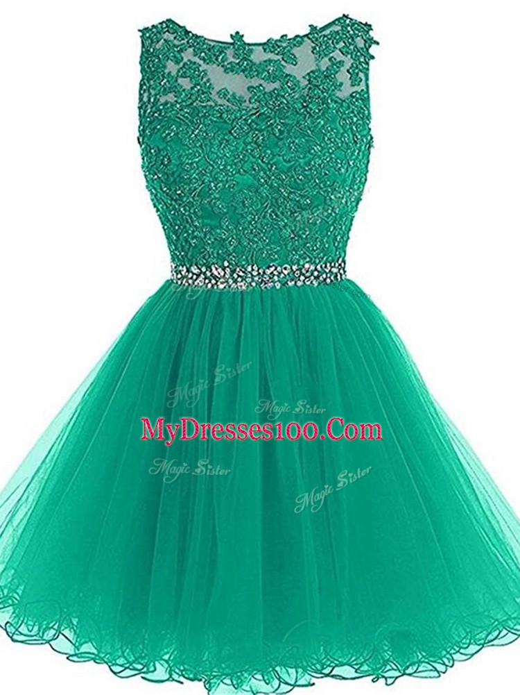 Custom Design Beading and Lace and Appliques and Belt Prom Evening Gown Green Zipper Sleeveless Mini Length