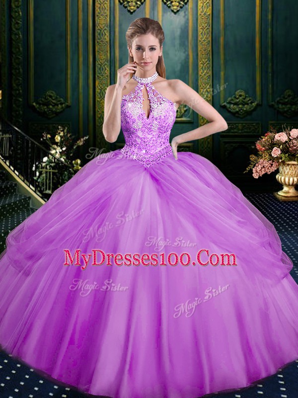 Lilac Halter Top Lace Up Beading and Pick Ups Ball Gown Prom Dress Sleeveless