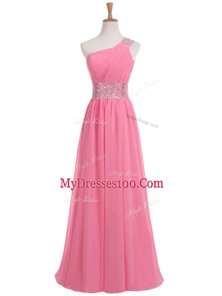 Enchanting Rose Pink Sleeveless Floor Length Beading and Ruching Backless Dress for Prom