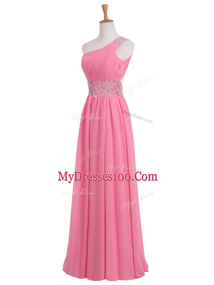 Enchanting Rose Pink Sleeveless Floor Length Beading and Ruching Backless Dress for Prom