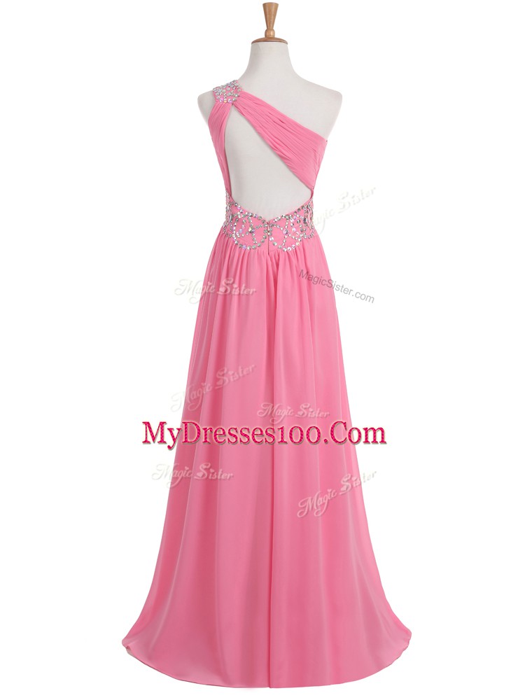 Enchanting Rose Pink Sleeveless Floor Length Beading and Ruching Backless Dress for Prom