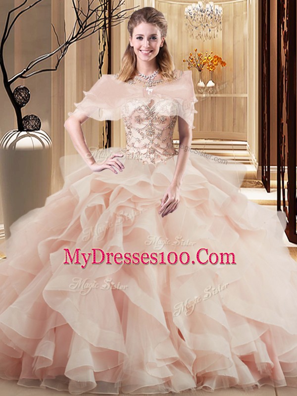 Captivating Peach Lace Up 15th Birthday Dress Beading and Ruffles Sleeveless Brush Train