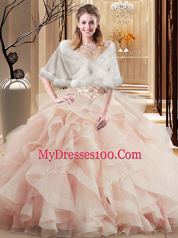 Captivating Peach Lace Up 15th Birthday Dress Beading and Ruffles Sleeveless Brush Train