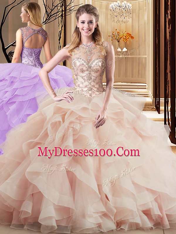 Captivating Peach Lace Up 15th Birthday Dress Beading and Ruffles Sleeveless Brush Train