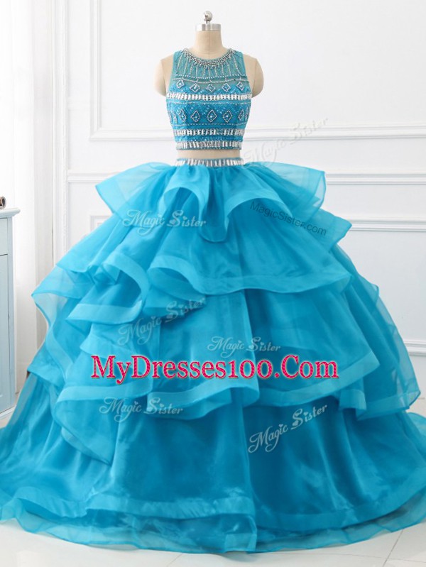 Pretty Brush Train Two Pieces Ball Gown Prom Dress Baby Blue Scoop Tulle Sleeveless Backless