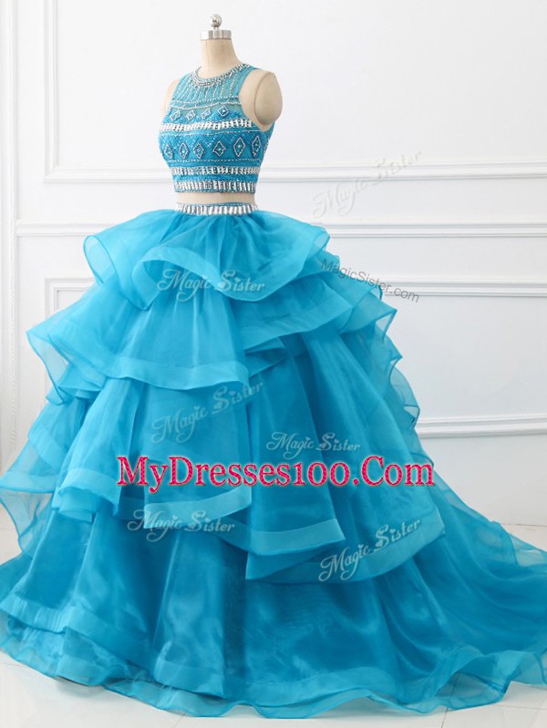 Pretty Brush Train Two Pieces Ball Gown Prom Dress Baby Blue Scoop Tulle Sleeveless Backless