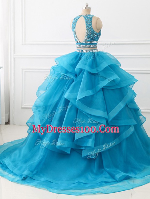 Pretty Brush Train Two Pieces Ball Gown Prom Dress Baby Blue Scoop Tulle Sleeveless Backless