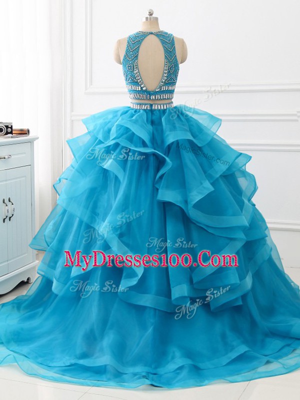 Pretty Brush Train Two Pieces Ball Gown Prom Dress Baby Blue Scoop Tulle Sleeveless Backless
