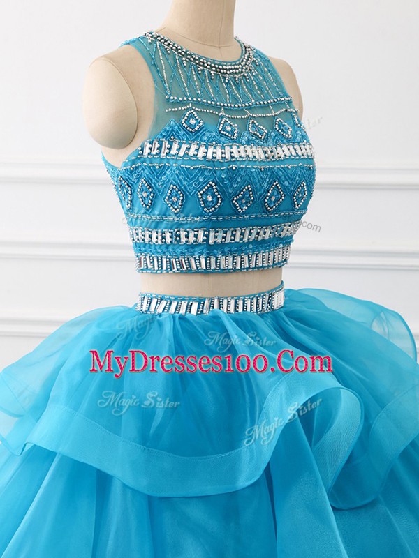 Pretty Brush Train Two Pieces Ball Gown Prom Dress Baby Blue Scoop Tulle Sleeveless Backless