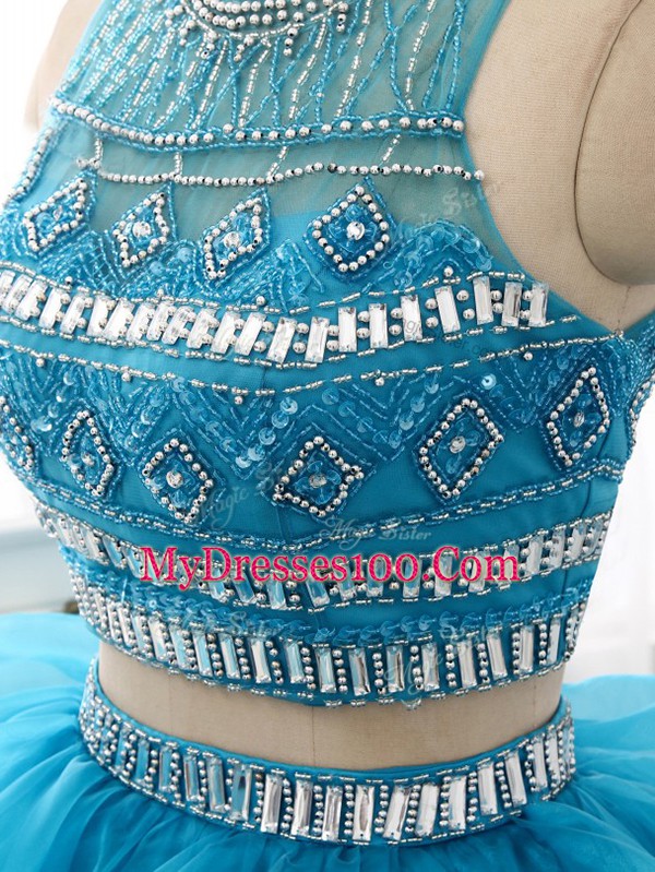 Pretty Brush Train Two Pieces Ball Gown Prom Dress Baby Blue Scoop Tulle Sleeveless Backless