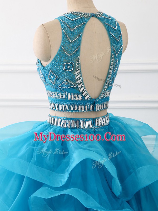 Pretty Brush Train Two Pieces Ball Gown Prom Dress Baby Blue Scoop Tulle Sleeveless Backless