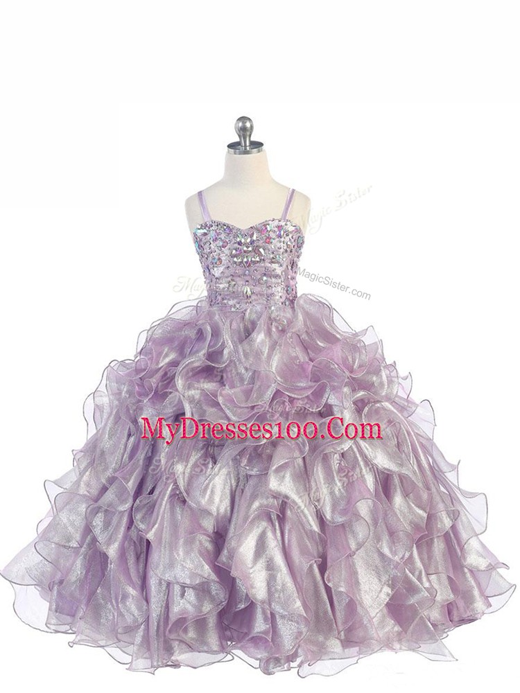 Sleeveless Floor Length Beading and Ruffles Lace Up Girls Pageant Dresses with Lavender