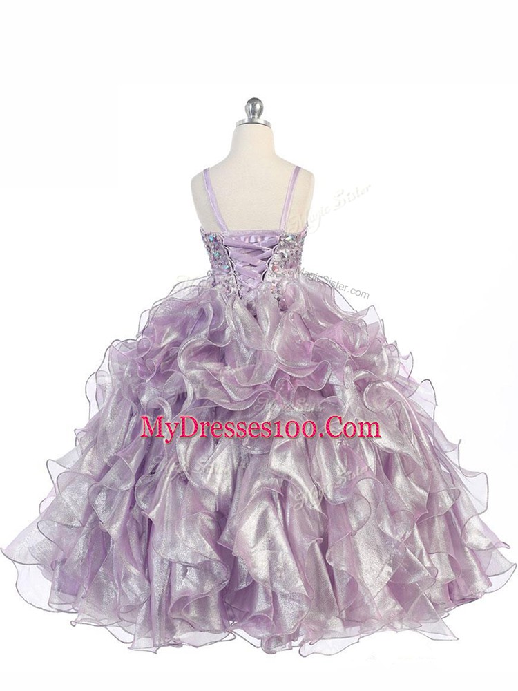 Sleeveless Floor Length Beading and Ruffles Lace Up Girls Pageant Dresses with Lavender