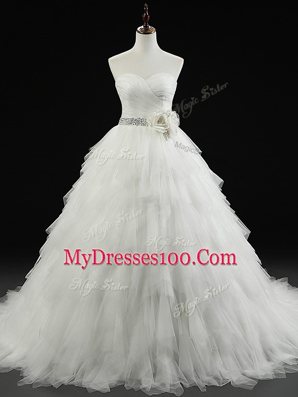Clearance White Sleeveless Tulle Brush Train Lace Up Wedding Dress for Wedding Party