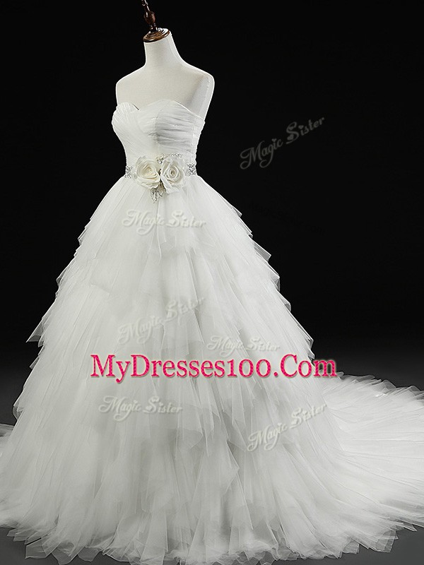 Clearance White Sleeveless Tulle Brush Train Lace Up Wedding Dress for Wedding Party