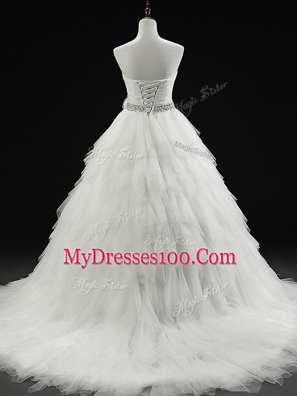 Clearance White Sleeveless Tulle Brush Train Lace Up Wedding Dress for Wedding Party