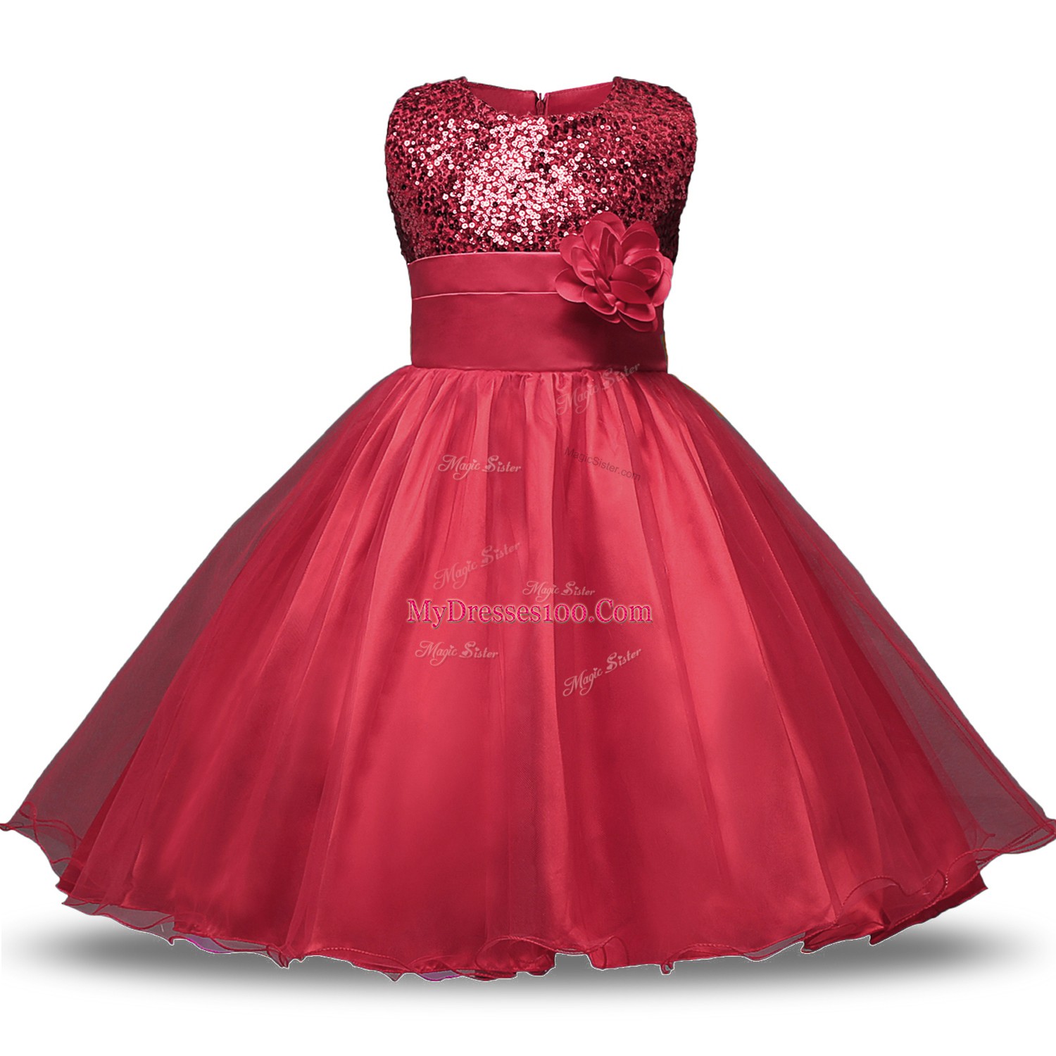 Best Wine Red Ball Gowns Scoop Sleeveless Organza and Sequined Knee Length Zipper Bowknot and Belt and Hand Made Flower Toddler Flower Girl Dress