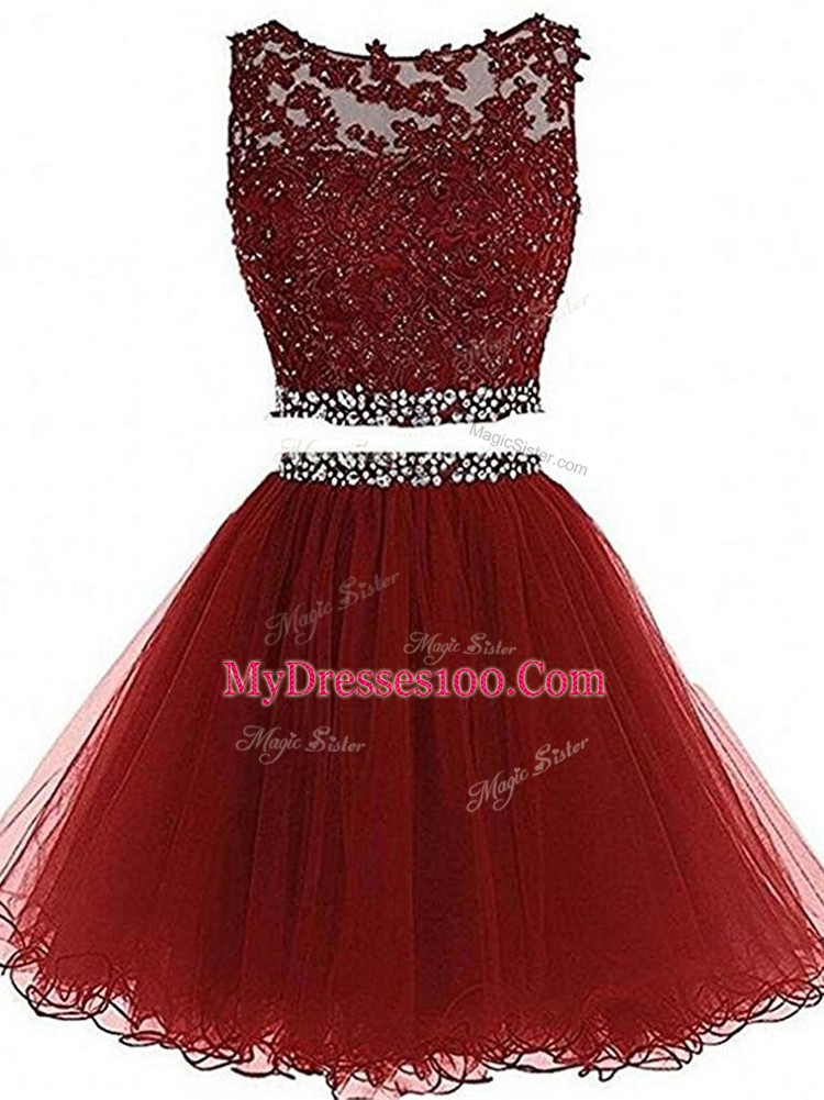 Custom Fit Beading and Lace and Appliques Prom Dresses Burgundy Zipper Sleeveless Mini Length