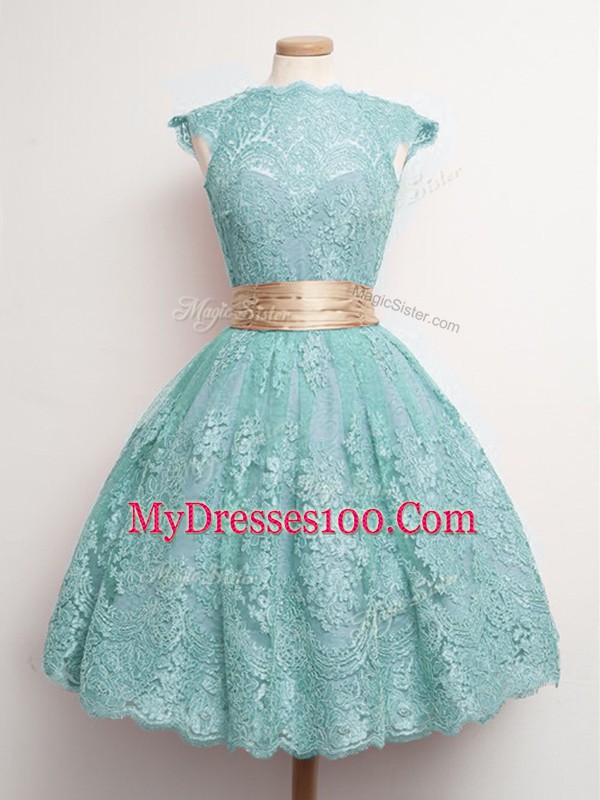 Lace High-neck Cap Sleeves Lace Up Belt Vestidos de Damas in Aqua Blue