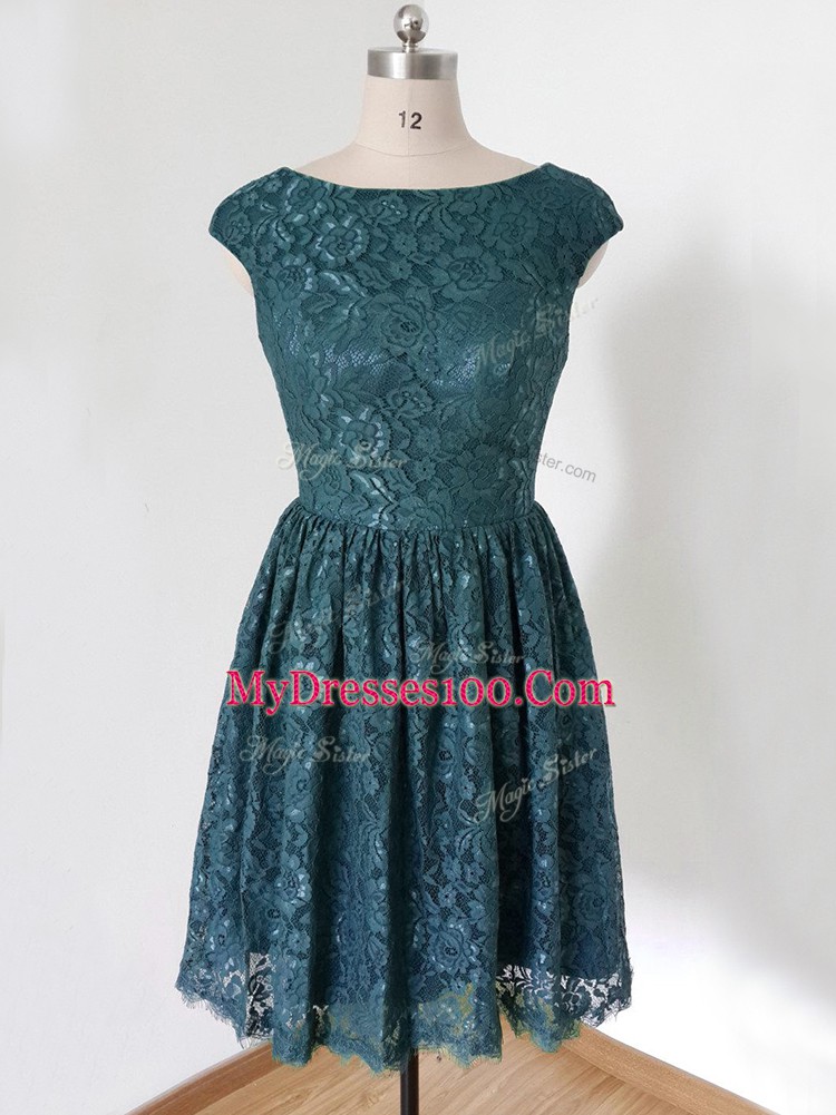 Teal Cap Sleeves Lace Lace Up Wedding Party Dress for Prom and Party and Wedding Party