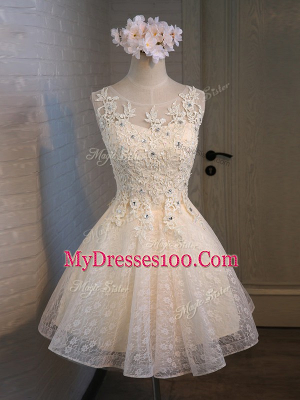 Champagne Sleeveless Lace and Appliques and Belt Mini Length Homecoming Dresses