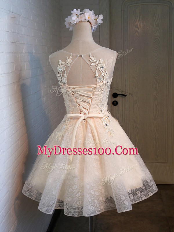 Champagne Sleeveless Lace and Appliques and Belt Mini Length Homecoming Dresses