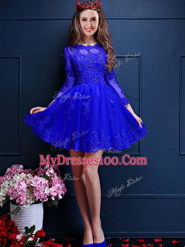 Affordable Blue Bridesmaid Gown Prom and Party with Beading and Lace and Appliques Scalloped 3 4 Length Sleeve Lace Up