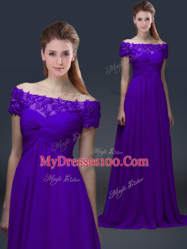 Enchanting Purple Lace Up Off The Shoulder Appliques Mother Dresses Chiffon Short Sleeves