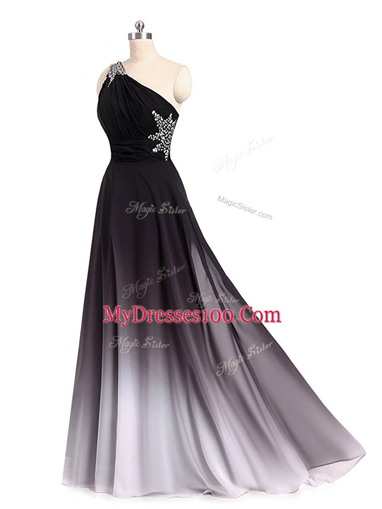 Multi-color Empire One Shoulder Sleeveless Chiffon Brush Train Lace Up Beading and Ruching Prom Party Dress