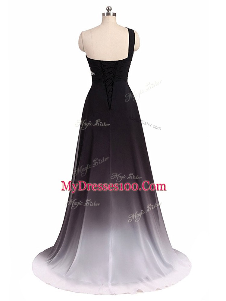 Multi-color Empire One Shoulder Sleeveless Chiffon Brush Train Lace Up Beading and Ruching Prom Party Dress