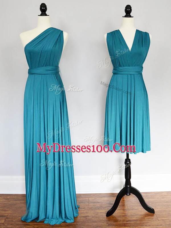 One Shoulder Sleeveless Lace Up Bridesmaid Gown Teal Chiffon