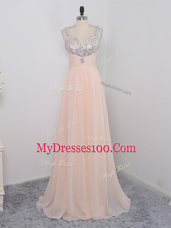 Custom Designed Peach Empire Chiffon Straps Sleeveless Sequins Floor Length Zipper Dress for Prom