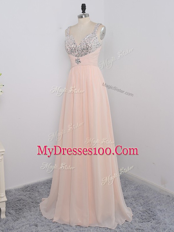 Custom Designed Peach Empire Chiffon Straps Sleeveless Sequins Floor Length Zipper Dress for Prom