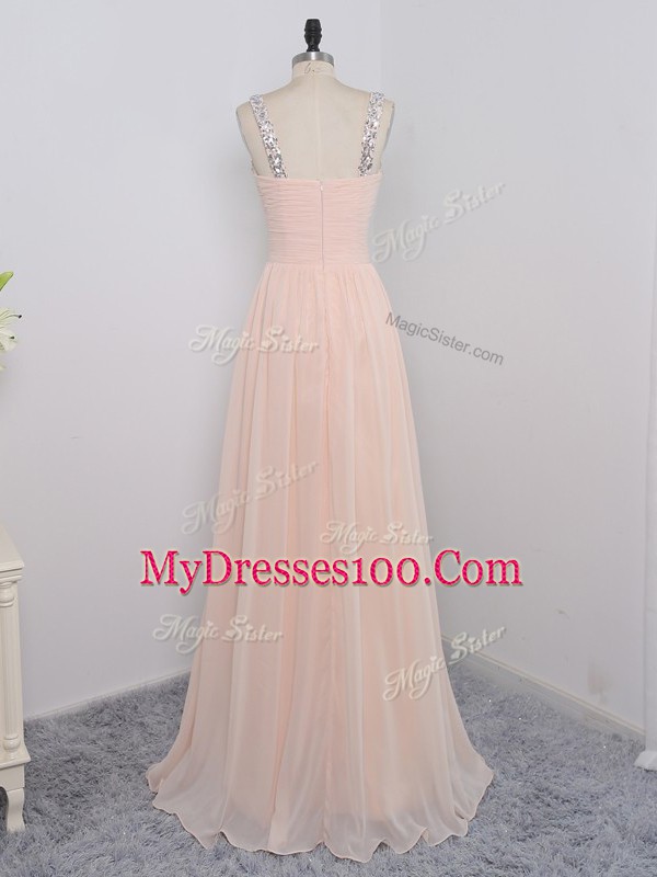 Custom Designed Peach Empire Chiffon Straps Sleeveless Sequins Floor Length Zipper Dress for Prom