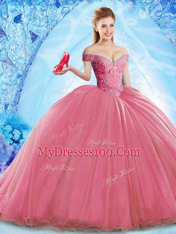 Designer Coral Red Sweet 16 Dresses Organza Brush Train Sleeveless Beading