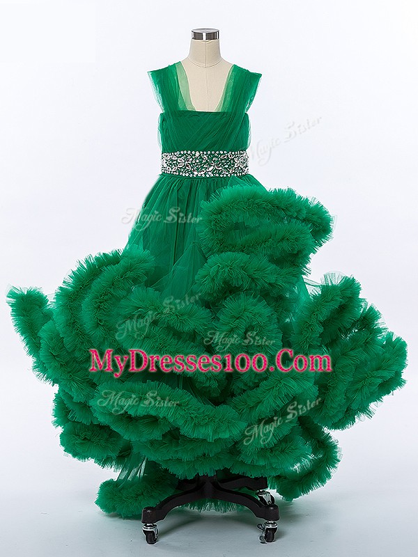 High Low A-line Sleeveless Dark Green Kids Formal Wear Lace Up