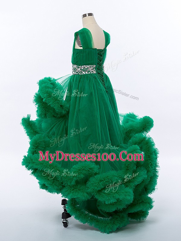 High Low A-line Sleeveless Dark Green Kids Formal Wear Lace Up