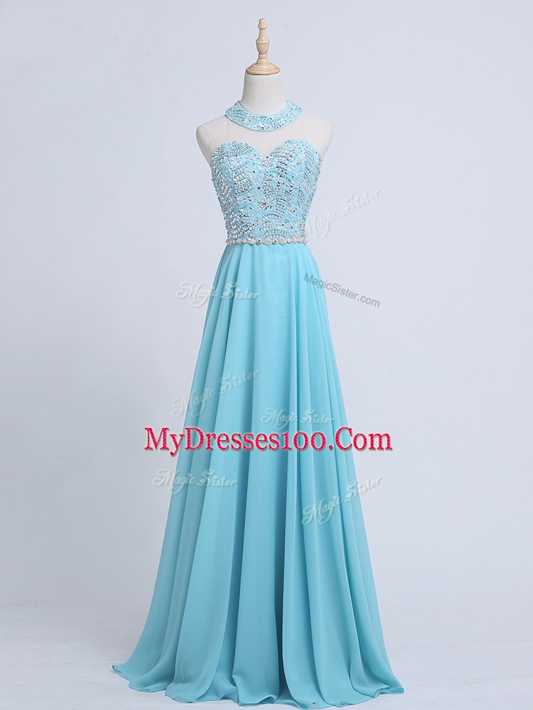 Aqua Blue Sleeveless Chiffon Zipper Dress for Prom for Prom and Military Ball and Sweet 16