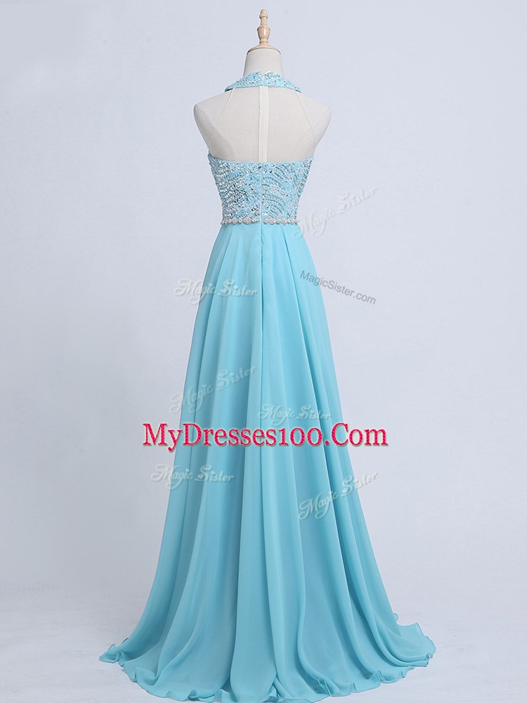 Aqua Blue Sleeveless Chiffon Zipper Dress for Prom for Prom and Military Ball and Sweet 16