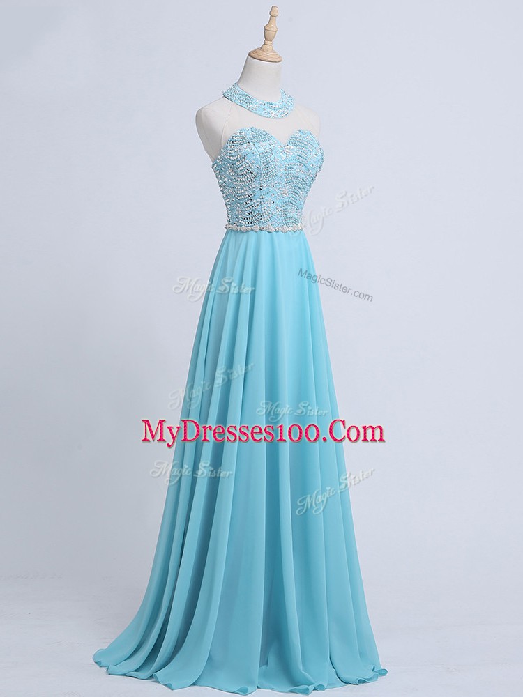 Aqua Blue Sleeveless Chiffon Zipper Dress for Prom for Prom and Military Ball and Sweet 16