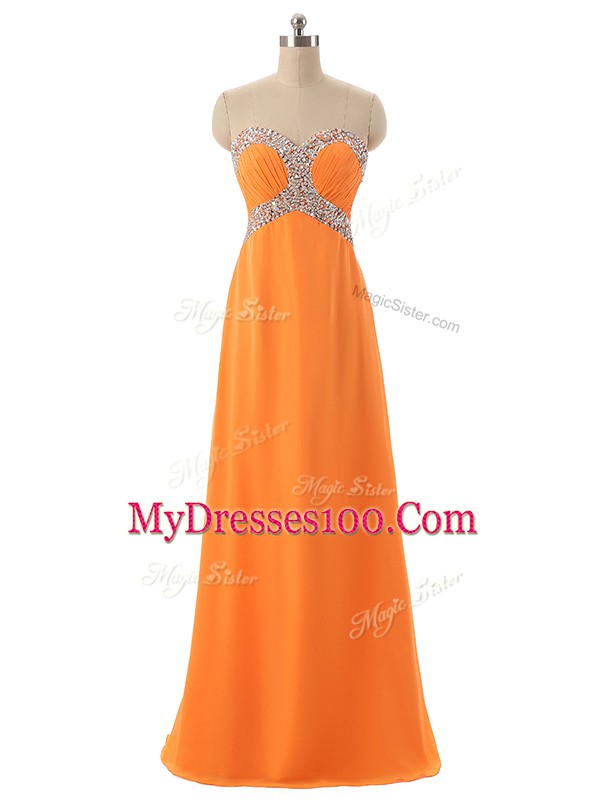 Best Selling Floor Length Orange Evening Dress Chiffon Sleeveless Beading and Ruching