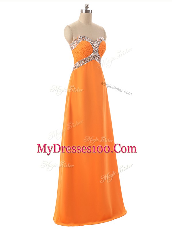 Best Selling Floor Length Orange Evening Dress Chiffon Sleeveless Beading and Ruching