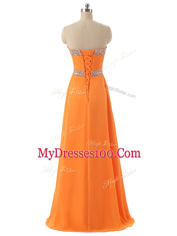 Best Selling Floor Length Orange Evening Dress Chiffon Sleeveless Beading and Ruching