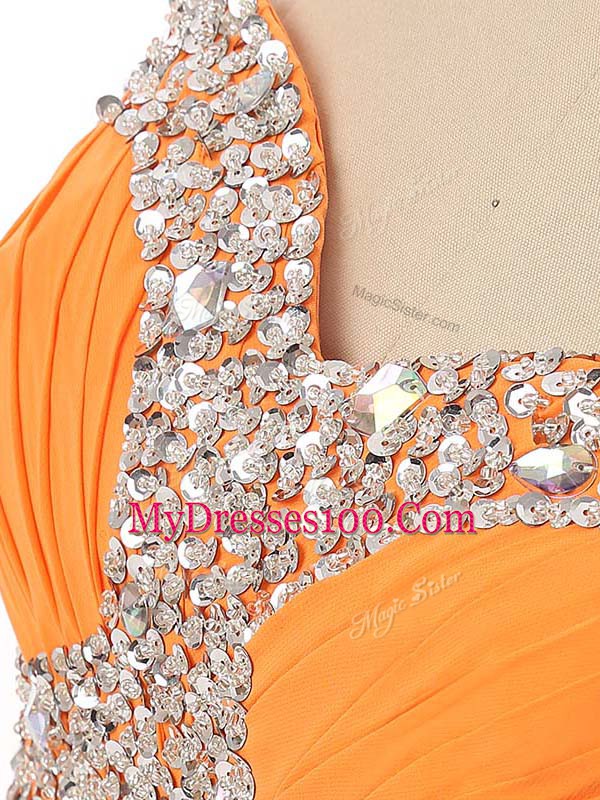 Best Selling Floor Length Orange Evening Dress Chiffon Sleeveless Beading and Ruching